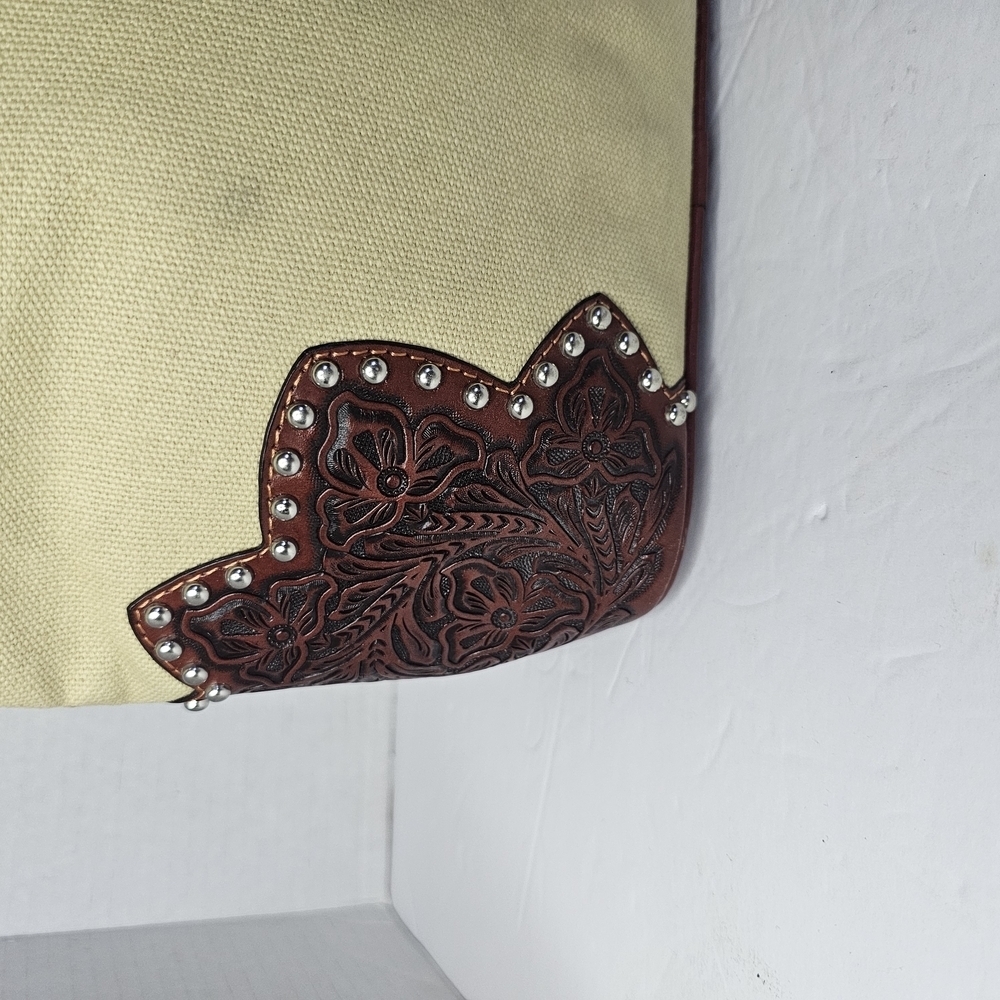 Cream and Brown Western Tote with Leather Accents - Picture 2 of 14